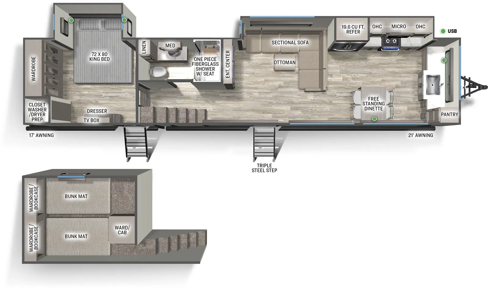 The Sierra Destination 421FKL floorplan has two entries and two slide outs. Exterior features include: fiberglass exterior and 17' & 21' awning. Interiors features include: loft, front kitchen, free-standing dinette option and rear bedroom.